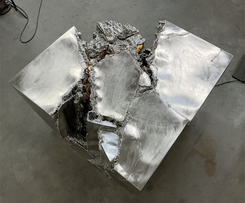 Moderne Fountain Sculpture, Stainless Steel Cube