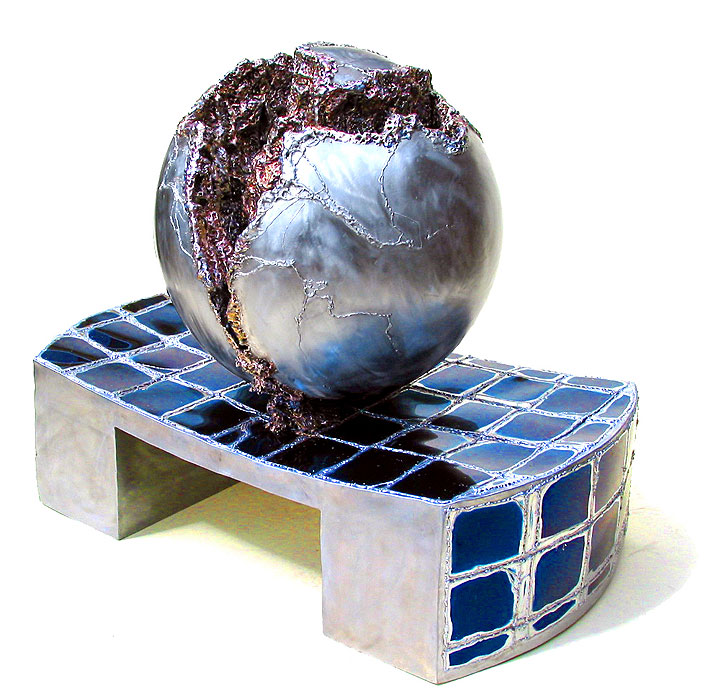 Stainless Steel and Bronze Ball Fountain on a Blue Pedestal, Sphere Fountain