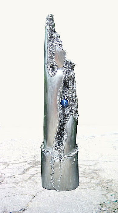Modern Cylinder Fountain made of Steel, Blue Lapislazuli Ball, Indoor and Outdoor Metal Art Fountain